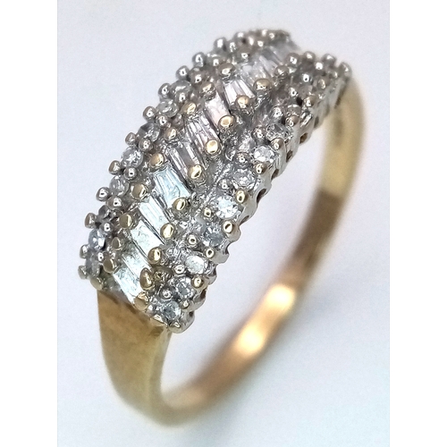 323 - A 9K YELLOW GOLD THREE ROW MIXED CUT DIAMOND RING. 0.20CTW, 2.4G TOTAL WEIGHT. SIZE P. Ref: SC 2028