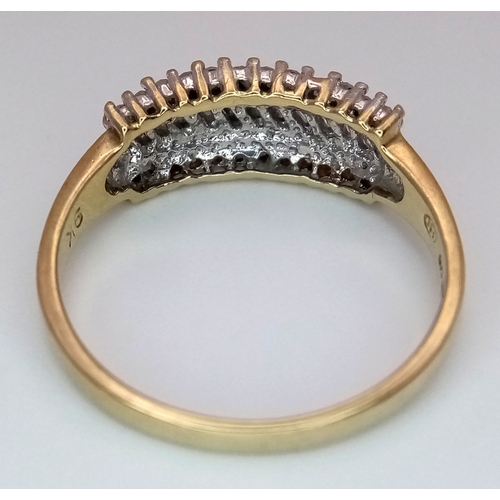 323 - A 9K YELLOW GOLD THREE ROW MIXED CUT DIAMOND RING. 0.20CTW, 2.4G TOTAL WEIGHT. SIZE P. Ref: SC 2028
