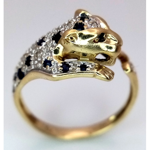 337 - A 9K YELLOW GOLD DIAMOND AND SAPPHIRE SET PANTHER RING. 2.7G TOTAL WEIGHT, SIZE N. Ref: SC 2031