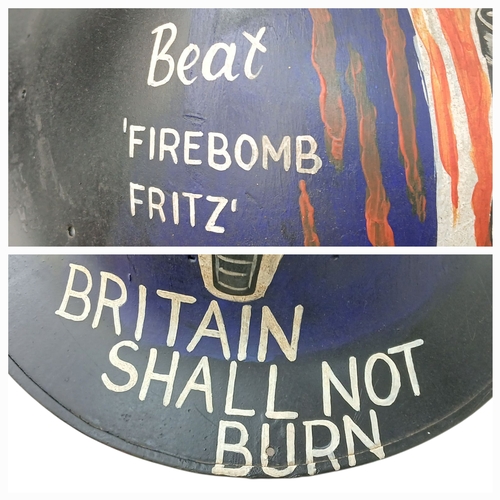 340 - WW2 British Home Front Zuckerman Helmet with a post War Blitz Memorial Painting.