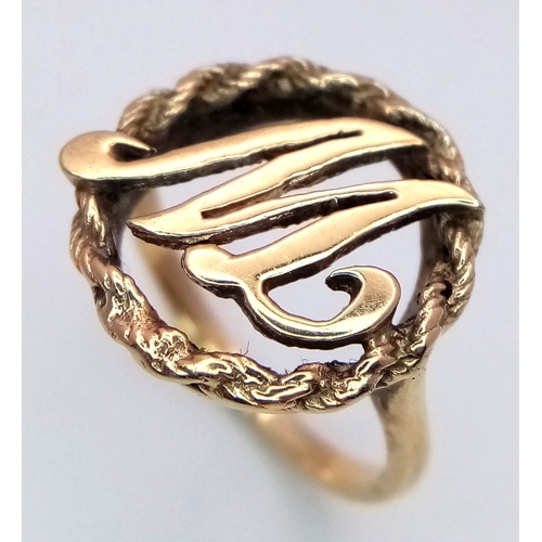 347 - A 9K YELLOW GOLD VINTAGE INITIAL M OR W RING. 2.3G, SIZE G. Ref: SC 2053