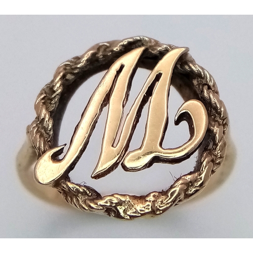 347 - A 9K YELLOW GOLD VINTAGE INITIAL M OR W RING. 2.3G, SIZE G. Ref: SC 2053