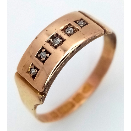 184 - An Antique, Victorian, 15K Rose Gold Diamond Ring. Five rose cut diamonds. Chester hallmark. Size M ... 