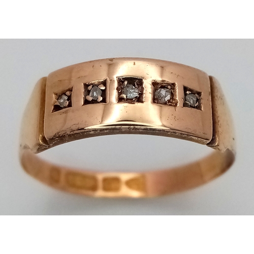 184 - An Antique, Victorian, 15K Rose Gold Diamond Ring. Five rose cut diamonds. Chester hallmark. Size M ... 