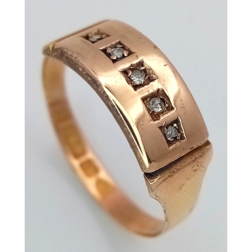 184 - An Antique, Victorian, 15K Rose Gold Diamond Ring. Five rose cut diamonds. Chester hallmark. Size M ... 