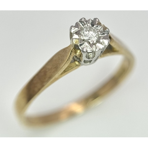 191 - A Vintage 9K Yellow Gold Diamond Solitaire Ring. Size N 1/2. 1.8g.
