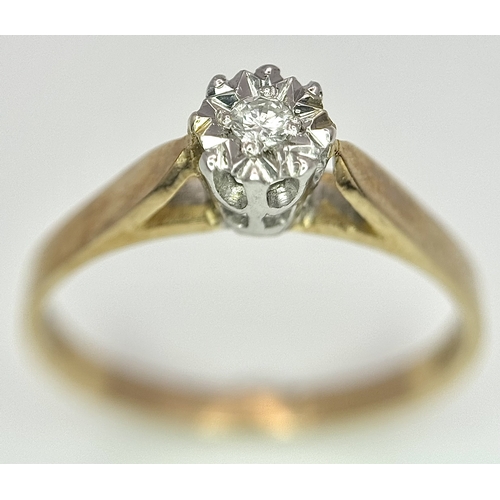 191 - A Vintage 9K Yellow Gold Diamond Solitaire Ring. Size N 1/2. 1.8g.