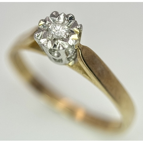 191 - A Vintage 9K Yellow Gold Diamond Solitaire Ring. Size N 1/2. 1.8g.