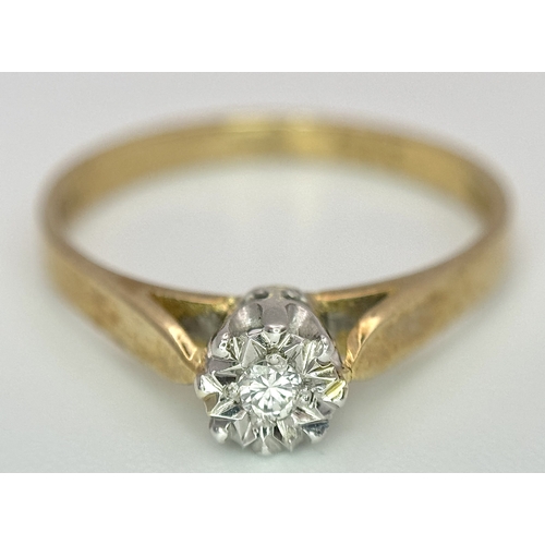 191 - A Vintage 9K Yellow Gold Diamond Solitaire Ring. Size N 1/2. 1.8g.
