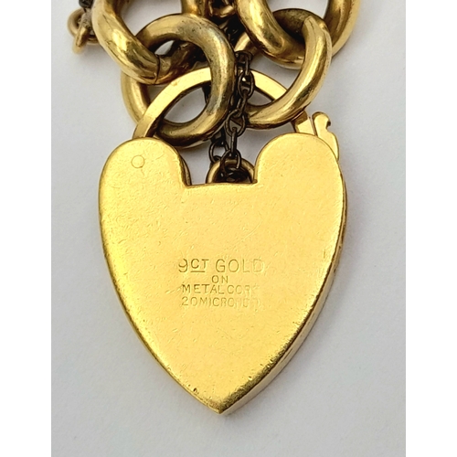 196 - Vintage 9 CARAT GOLD BRACELET with Metal Core. Complete with safety chain. 9 Carat Heart Padlock wit... 