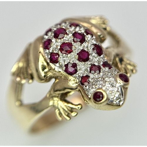 200 - A 9K YELLOW GOLD DIAMOND AND RUBY SET FROG RING. 3.6G TOTAL WEIGHT, SIZE N. Ref: SC 2048