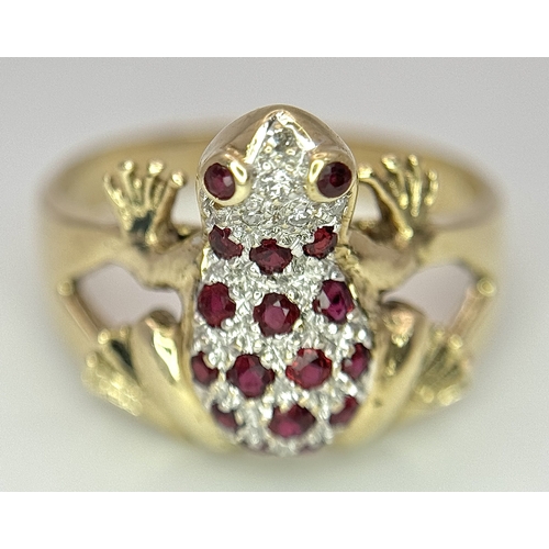 200 - A 9K YELLOW GOLD DIAMOND AND RUBY SET FROG RING. 3.6G TOTAL WEIGHT, SIZE N. Ref: SC 2048