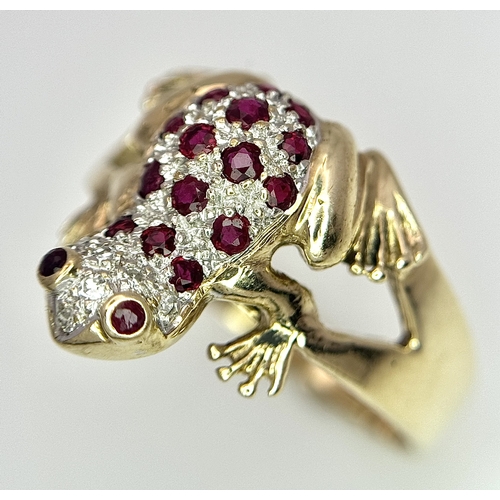200 - A 9K YELLOW GOLD DIAMOND AND RUBY SET FROG RING. 3.6G TOTAL WEIGHT, SIZE N. Ref: SC 2048