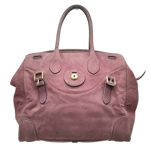 201 - A Ralph Lauren Pink Suede Tote Bag. Pink suede exterior with gold-toned hardware, rolled top handles... 
