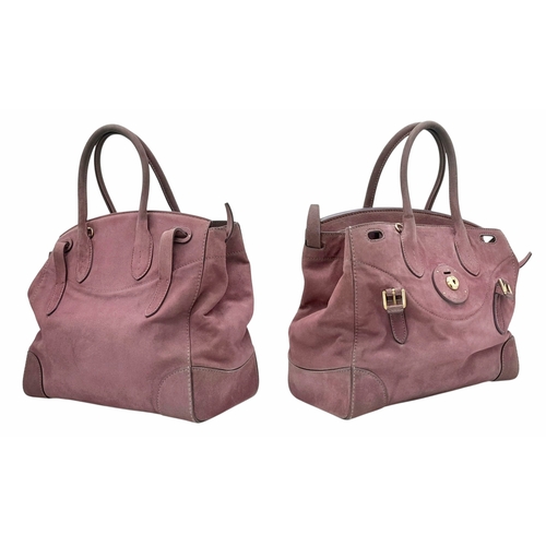 201 - A Ralph Lauren Pink Suede Tote Bag. Pink suede exterior with gold-toned hardware, rolled top handles... 