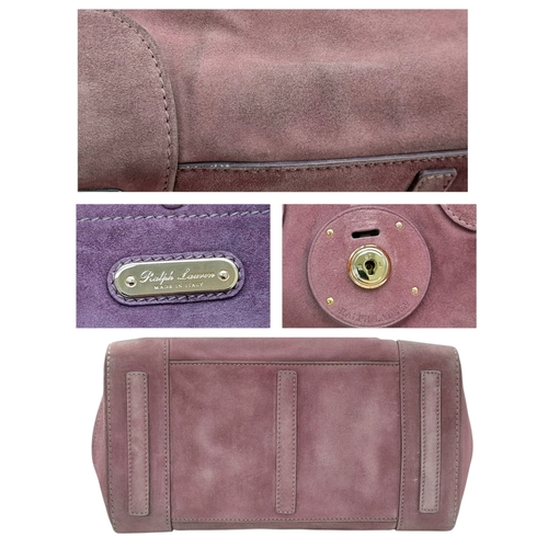 201 - A Ralph Lauren Pink Suede Tote Bag. Pink suede exterior with gold-toned hardware, rolled top handles... 