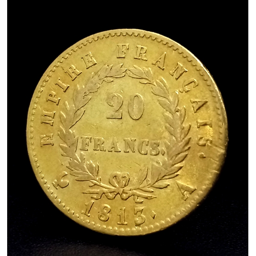 206 - AN 1813 NAPOLEON 20 FRANC GOLD COIN. 6.4G. C2027