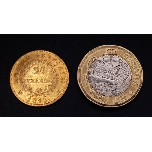 206 - AN 1813 NAPOLEON 20 FRANC GOLD COIN. 6.4G. C2027
