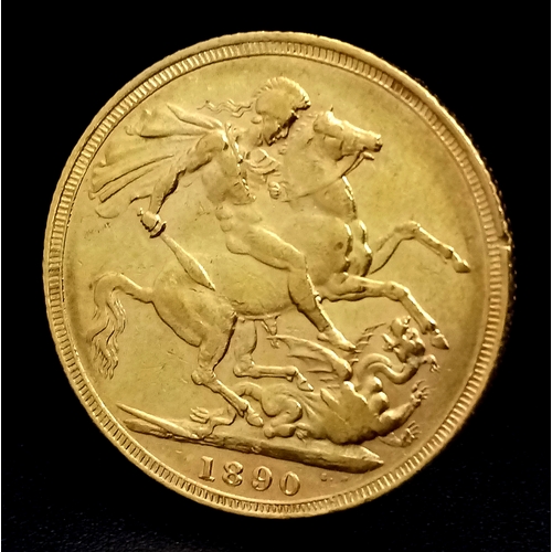 220 - AN 1890 QUEEN VICTORIA JUBILEE, SYDNEY MINT, FULL SOVEREIGN COIN. 22K GOLD. C-2014.