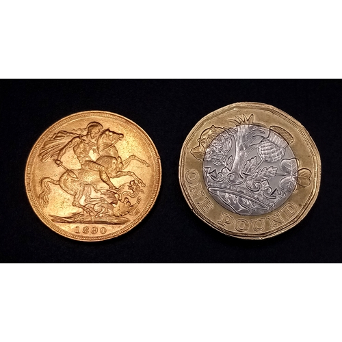 220 - AN 1890 QUEEN VICTORIA JUBILEE, SYDNEY MINT, FULL SOVEREIGN COIN. 22K GOLD. C-2014.