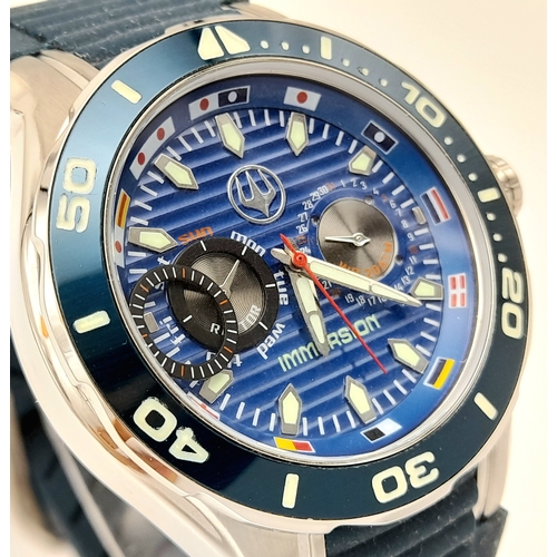 224 - IMMERSION DIVERS  CHRONOGRAPH 316L WATCH. Multi Dial Blue Face Model with rotating bezel. Quartz Mov... 