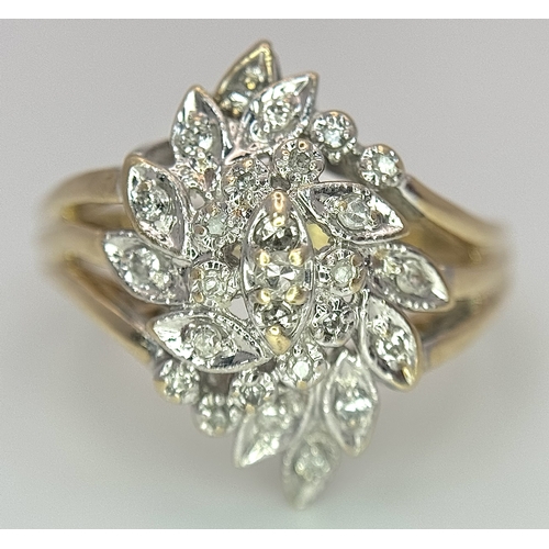 246 - A 10K YELLOW GOLD DIAMOND SET FLORAL CLUSTER RING. 4.3G TOTAL WEIGHT, SIZE P. Ref: SC 2022