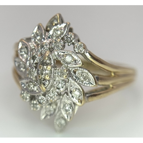 246 - A 10K YELLOW GOLD DIAMOND SET FLORAL CLUSTER RING. 4.3G TOTAL WEIGHT, SIZE P. Ref: SC 2022