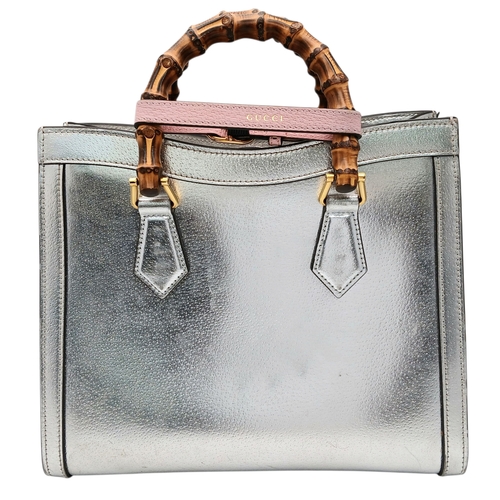 265 - A Gucci Diana Metallic Silver Leather Bamboo Handle Tote Bag. Metallic silver leather exterior with ... 