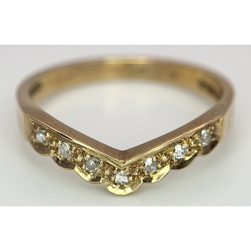 270 - A Vintage 9K Yellow Gold Diamond Chevron Ring. Seven diamonds. Size P. 2.5g.