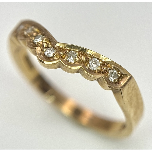 270 - A Vintage 9K Yellow Gold Diamond Chevron Ring. Seven diamonds. Size P. 2.5g.
