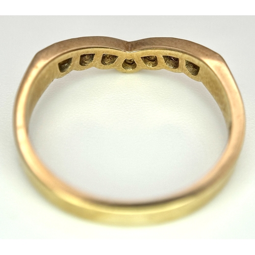 270 - A Vintage 9K Yellow Gold Diamond Chevron Ring. Seven diamonds. Size P. 2.5g.