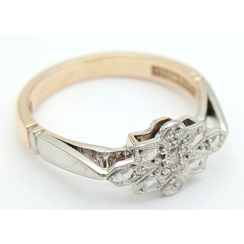 302 - A 9K YELLOW GOLD AND PLATINUM VINTAGE DIAMOND RING. 2.5G TOTAL WEIGHT, SIZE L. Ref: SC 2003