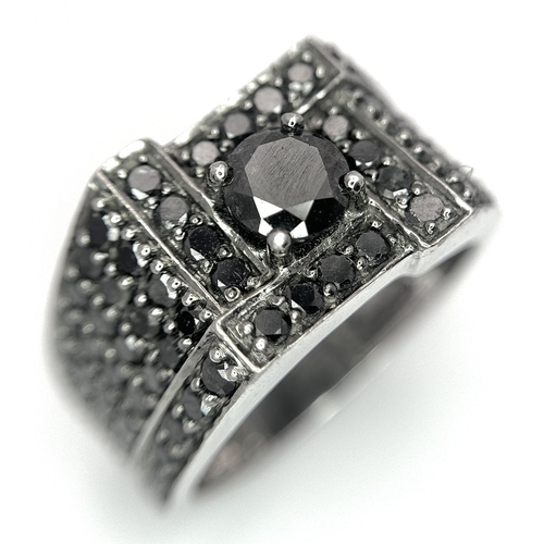 54 - A 10K WHITE GOLD BLACK DIAMOND SET RING. APPROX 2CTW, 8.8G TOTAL WEIGHT. SIZE U. Ref: SC 2064