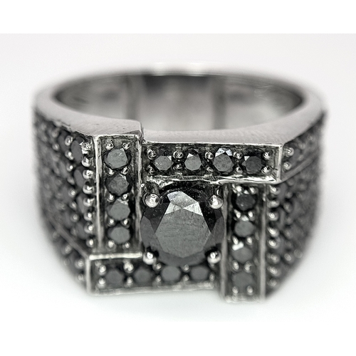 54 - A 10K WHITE GOLD BLACK DIAMOND SET RING. APPROX 2CTW, 8.8G TOTAL WEIGHT. SIZE U. Ref: SC 2064