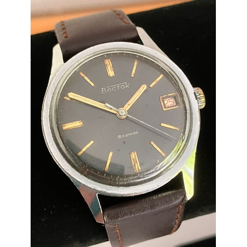 189 - Rare Gentleman’s Vintage  1960 VOSTOCK WRISTWATCH. Black face with Soviet script showing CCCP BOCTOK... 