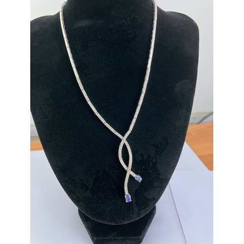 217 - Exquisite 14 CARAT WHITE GOLD NECKLACE set with 112 x DIAMONDS and 2 x TANZANITE Gemstones. 20.5 gra... 