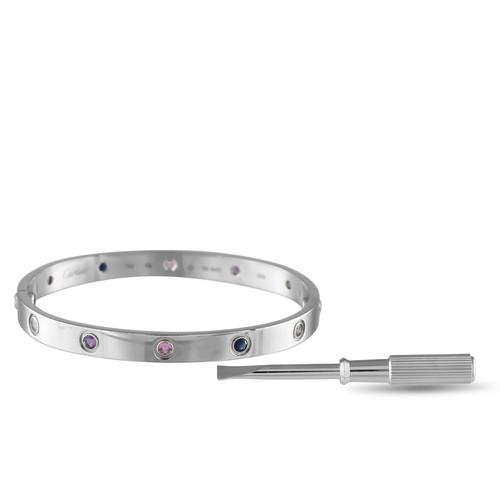 204 - A Cartier LOVE bangle 18K White Gold Multicolored Sapphire Bracelet. Dazzling multicolored Sapphire ... 