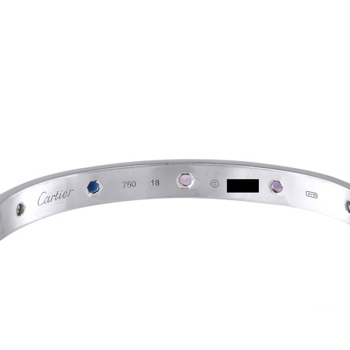 204 - A Cartier LOVE bangle 18K White Gold Multicolored Sapphire Bracelet. Dazzling multicolored Sapphire ... 