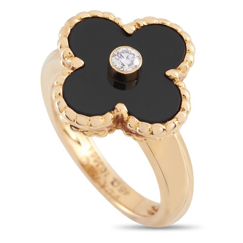 225 - An 18K Yellow Gold Van Cleef & Arpels  Alhambra Onyx Diamond Ring. The ring is designed with a polis... 
