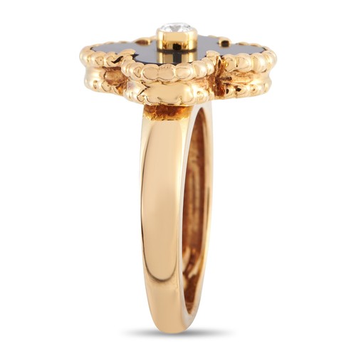 225 - An 18K Yellow Gold Van Cleef & Arpels  Alhambra Onyx Diamond Ring. The ring is designed with a polis... 