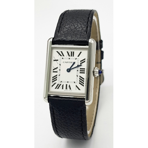 240 - A Cartier, Must de Cartier, Ladies Tank Watch. Model 4323. Black leather strap. Stainless steel cas... 