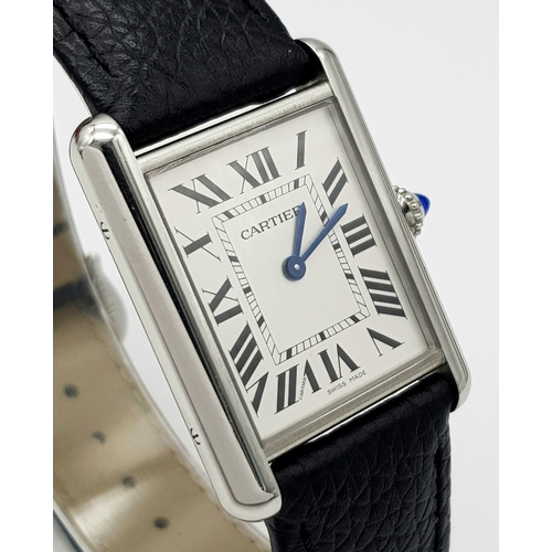 240 - A Cartier, Must de Cartier, Ladies Tank Watch. Model 4323. Black leather strap. Stainless steel cas... 