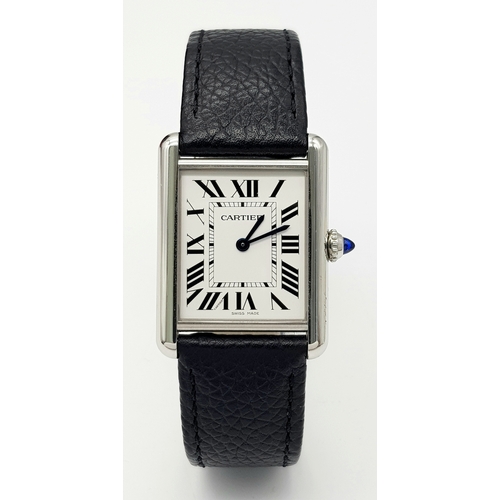 240 - A Cartier, Must de Cartier, Ladies Tank Watch. Model 4323. Black leather strap. Stainless steel cas... 