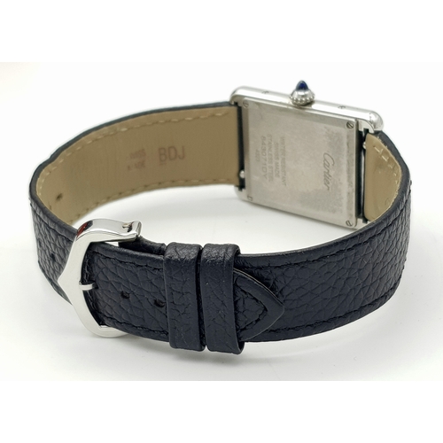 240 - A Cartier, Must de Cartier, Ladies Tank Watch. Model 4323. Black leather strap. Stainless steel cas... 