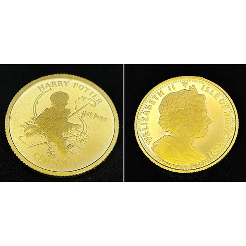 213 - A SET OF 6 HARRY POTTER COMMEMORATIVE 24K GOLD, 1/25 PROOF CROWN COINS - ISLE OF MAN. QUEEN ELIZABET... 