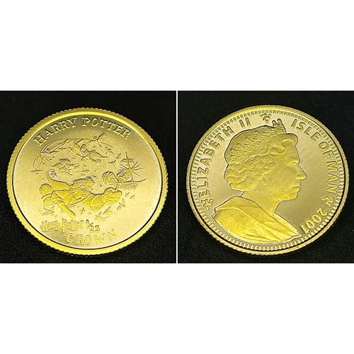 213 - A SET OF 6 HARRY POTTER COMMEMORATIVE 24K GOLD, 1/25 PROOF CROWN COINS - ISLE OF MAN. QUEEN ELIZABET... 