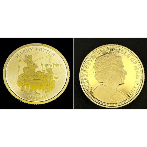 213 - A SET OF 6 HARRY POTTER COMMEMORATIVE 24K GOLD, 1/25 PROOF CROWN COINS - ISLE OF MAN. QUEEN ELIZABET... 