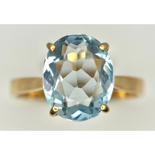 332 - An 18K Yellow Gold, Aquamarine Ring and Earring Set. Ring - 2ct oval cut, size L 1/2. Earrings - 2.5... 
