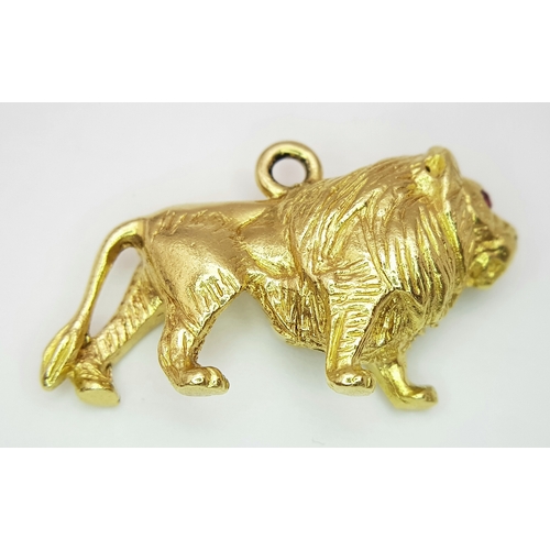 148 - A Glorious 18K Yellow Solid Gold Lion with Ruby Eyes Pendant/charm. Wonderful detail and heavy weigh... 