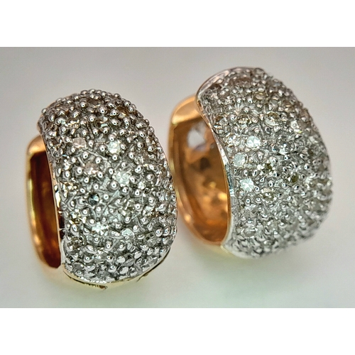 121 - A PAIR 9K YELLOW GOLD DIAMOND SET MINI CHUNKY HOOP EARRINGS 6.1G TOTAL WEIGHT, 0.8CM DIAMETER. REF: ... 